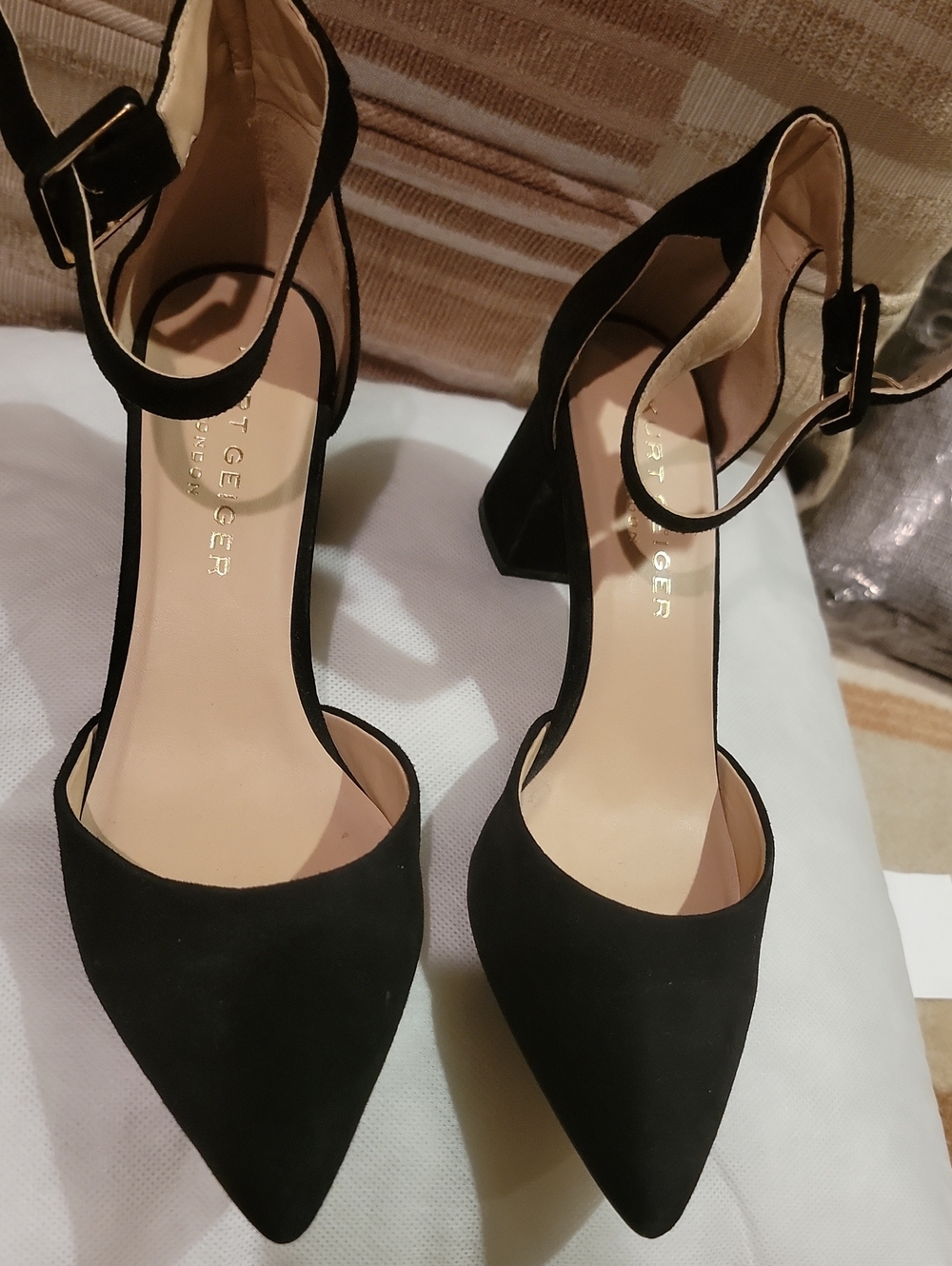Kurt Geiger Black Pointed-Toe Ankle-Strap Block Heels